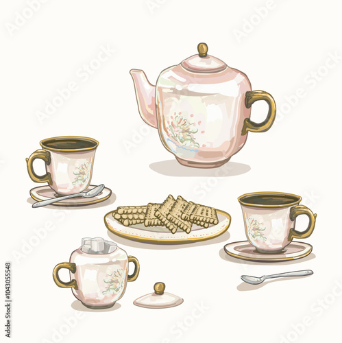 ceramic set coffee in two cups afternoon british tea time party  with biscuits classical pottery tableware container illustration on white background