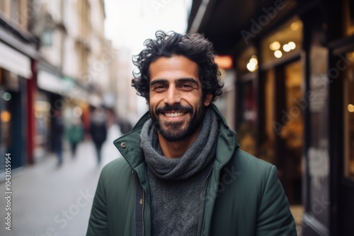 Portrait of handsome bearded man with curly hair in the city.