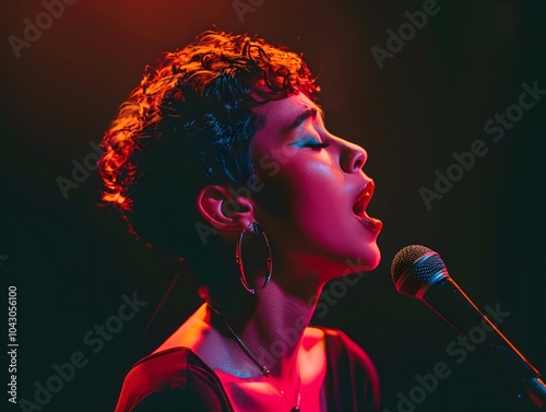 Young woman with short hair sings into a microphone.