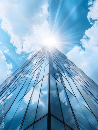 A modern glass skyscraper reaching towards a bright, sunny sky.