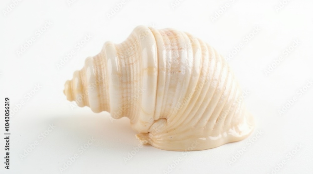 A glossy spiraled seashell with soft pearlescent hues, placed delicately on a white background. A glossy spiraled seashell with soft pearlescent hues, placed delicately on a white background.