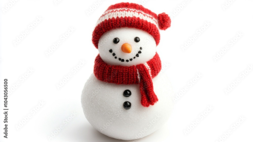 A cheerful snowman with a red knitted hat and scarf, isolated on a white background. A cheerful snowman with a red knitted hat and scarf, isolated on a white background.