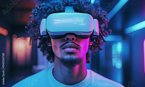Young Man Wearing VR Headset with Digital Interface: Concepts of Virtual Reality, Metaverse, and Technological Advancement for Showcasing VR Applications, Gaming, and Future Technology