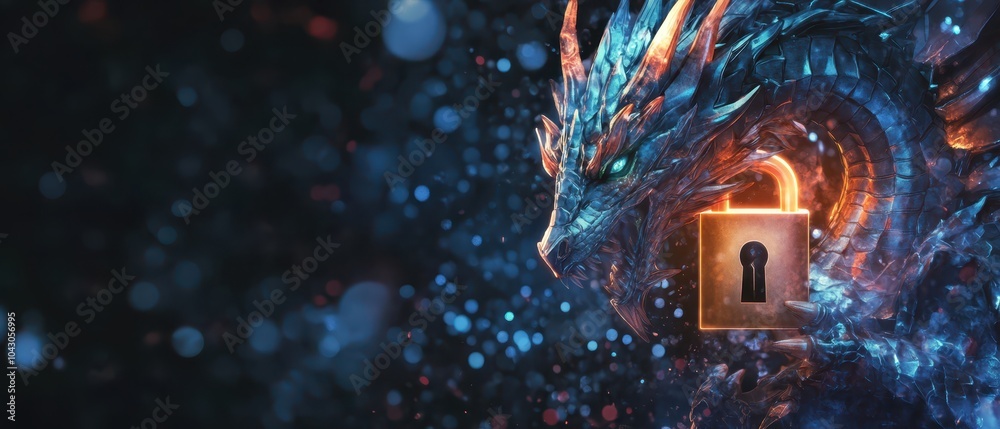 Obraz premium A mystical dragon intertwines with a glowing lock, set against a vibrant cosmic backdrop, symbolizing secrets and magic.