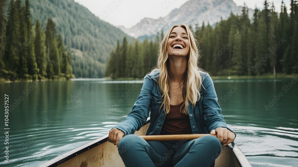 Fototapeta premium Smiling woman paddling her canoe on a lake in summer.
