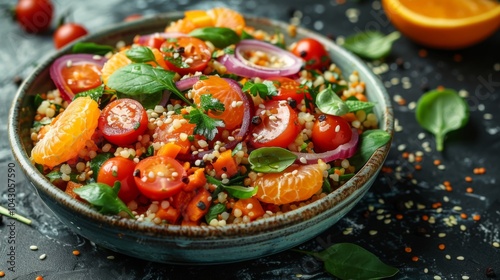 Winter season. Vegetable Millet salad with red onion, cherry tomatoes, spinach, tangerine and clementine dressing. healthy food