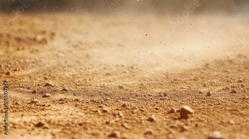 Dust and dirt close up on a dirt road in the dry season, dust particles in the air