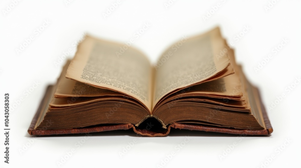 A worn leather-bound book with aged pages slightly peeking out, set on a white background. The book features a rich, textured leather cover with subtle imperfections. A worn leather-bound book with aged pages slightly peeking out, set on a white background. The book features a rich, textured leather cover with subtle imperfections.