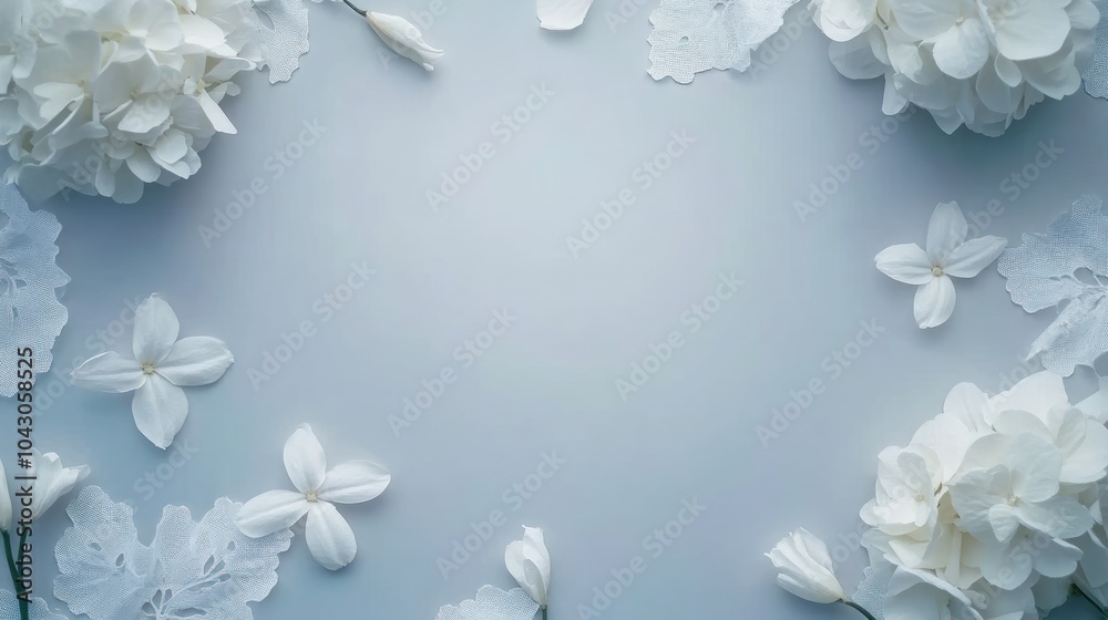 A serene arrangement of white flowers and lace on a soft blue background. A serene arrangement of white flowers and lace on a soft blue background.