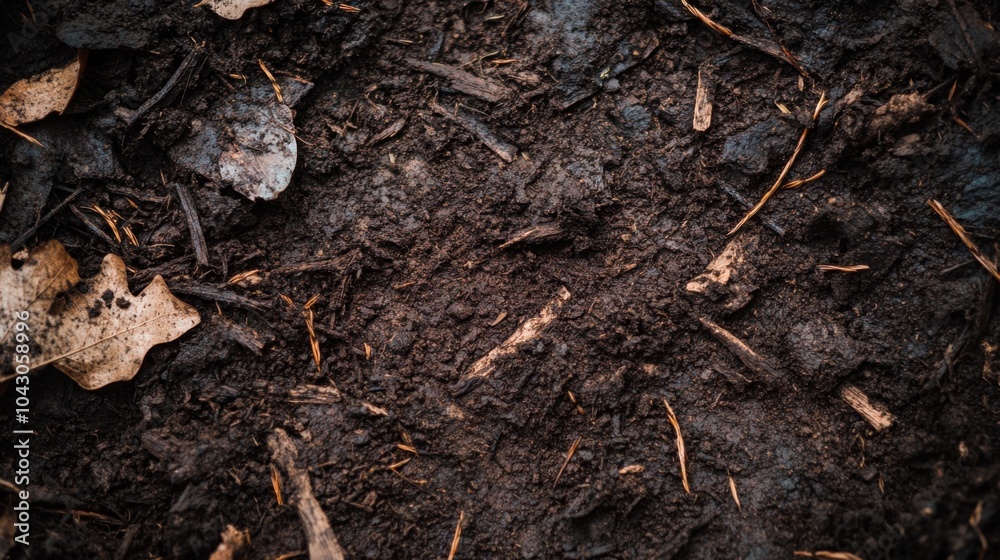 Muddy ground texture with leaves, branches and twigs. Background for outdoor, nature, forest, dirt, grime, wet, earth. Muddy ground texture with leaves, branches and twigs. Background for outdoor, nature, forest, dirt, grime, wet, earth.