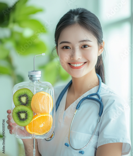 Nurse holding a iv bottle bag of slice of kiwi apple and orange fruit