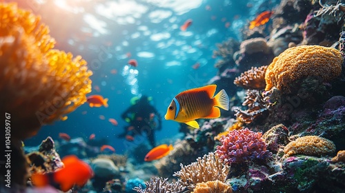 Breathtaking Underwater Paradise: Scuba Diver Among Vibrant Coral Reefs and Colorful Fish in Crystal Clear Waters