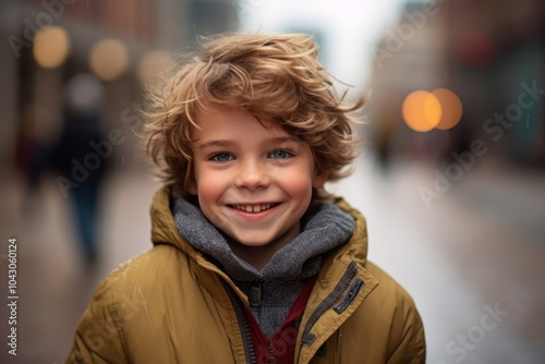 Portrait of a cute little boy with blond curly hair in the city