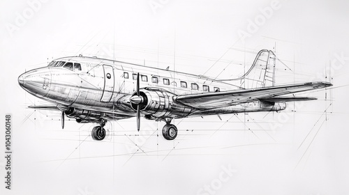 Detailed Black and White Sketch of Airplane Structure with Fine Lines