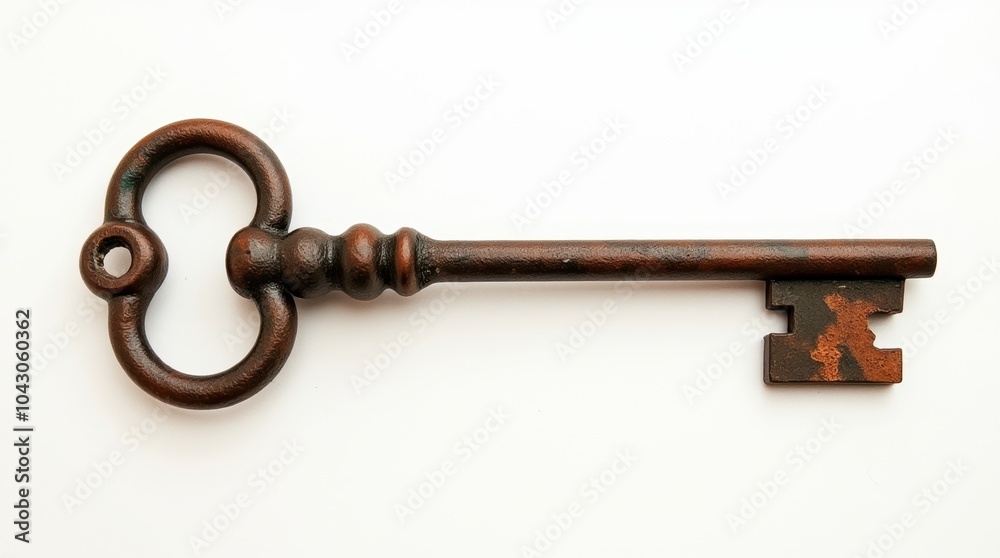 A weathered iron skeleton key with a unique, intricate bow design, lying flat on a white background. A weathered iron skeleton key with a unique, intricate bow design, lying flat on a white background.