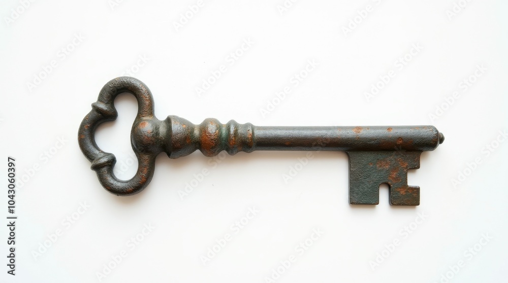 A weathered iron skeleton key with a unique, intricate bow design, lying flat on a white background. A weathered iron skeleton key with a unique, intricate bow design, lying flat on a white background.