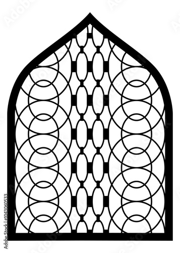 Arch shape Traditional Indian Mughal door, window with geometric arabesque pattern, silhouette Indian arch. Decorative Grille Ideas, Jali, Wall Separator. Mughal paisley abstract ikat. Mashrabiya patt