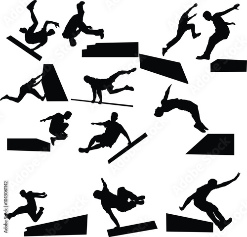 Set of parkour people silhouette illustration. Men jump pose full body.