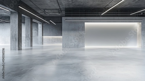Abstract interior design of modern showroom with empty white concrete floor and gray wall.