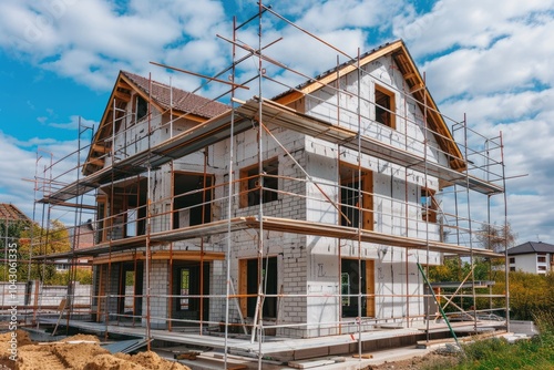 Exterior view of a new house in scaffolding under construction and painting.