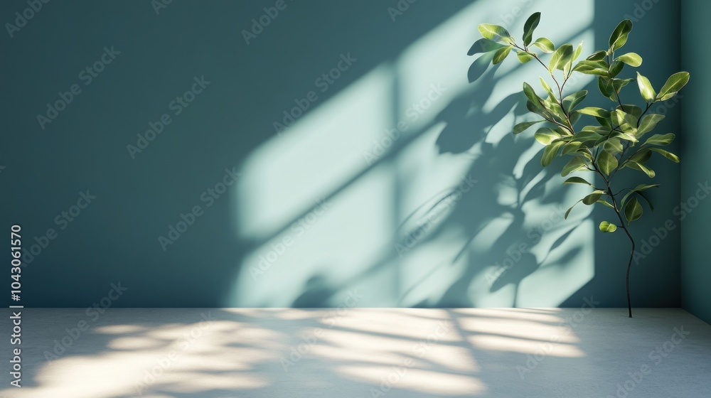A serene indoor corner with a plant and shadows cast by sunlight. A serene indoor corner with a plant and shadows cast by sunlight.