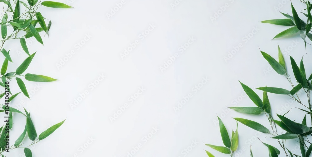 A minimalistic layout featuring green bamboo leaves on a white background. A minimalistic layout featuring green bamboo leaves on a white background.