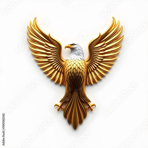 Bald Eagle metallic 3D image of gold bald eagle on white background. Generative AI