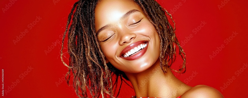 Obraz premium Ecstatic Woman Smiling Against Red Background