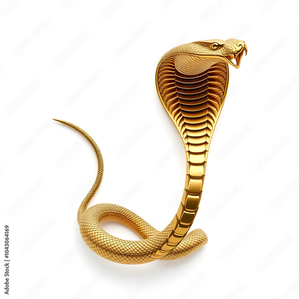 Fototapeta premium Cobra metallic 3D image of gold cobra on white background. Generative AI