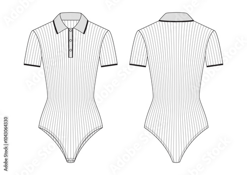 Vector fashion technical drawing of a short sleeved polo bodysuit with front and back view. Black trim line on the edge of collar, sleeves and both sides of the placket.  Button openings. Knit fabric.
