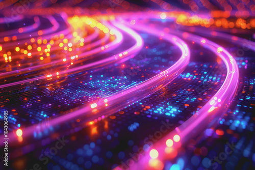 Optical fiber cables intertwined with data streams, futuristic, neon, high contrast-style raw.