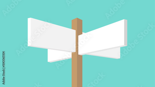 A wooden post with four blank directional signs pointing in four different directions on a green background
