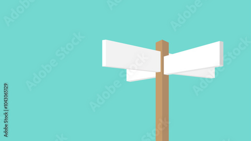 A wooden post with blank indicative signs pointing in four directions, set against a flat turquoise green background