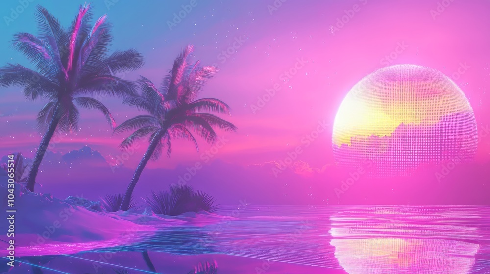 Naklejka premium Vibrant, surreal sunset over a tropical beach with palm trees and a glowing, futuristic sun reflecting on the water. Ideal for retro-futuristic and dreamlike designs. AI generative.