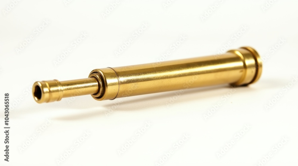 A compact brass telescope, slightly extended, placed on a white background. A compact brass telescope, slightly extended, placed on a white background.