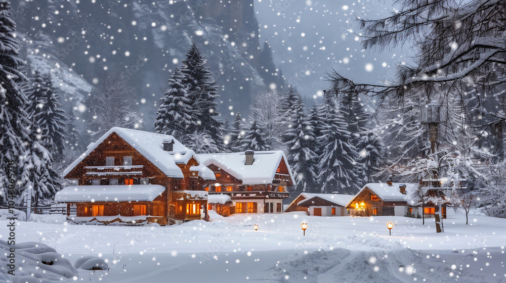 A gentle snowfall in a quiet, secluded village, with thick, fluffy snowflakes falling from a cloudy sky. The rooftops of cozy wooden houses are blanketed in snow A gentle snowfall in a quiet, secluded village, with thick, fluffy snowflakes falling from a cloudy sky. The rooftops of cozy wooden houses are blanketed in snow