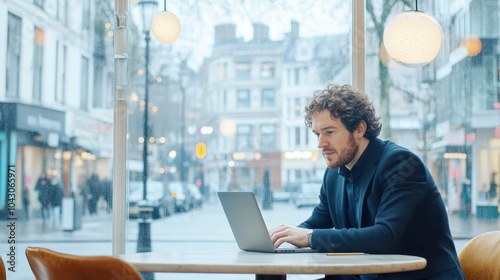 Man working on a laptop in a café, city street view in the background, concept of remote work