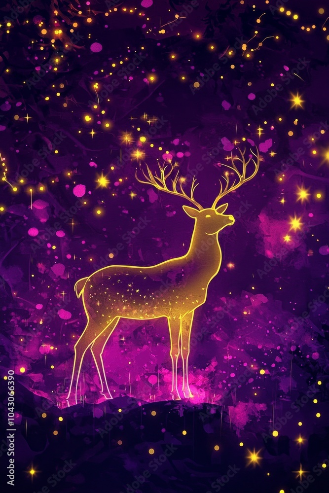 A neon yellow reindeer silhouette in front of a deep purple night sky with glowing stars. A neon yellow reindeer silhouette in front of a deep purple night sky with glowing stars.
