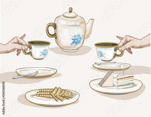 ceramic set coffee in two cups hands  pinky finger up afternoon british tea time party  with biscuits classical pottery tableware container illustration on white background