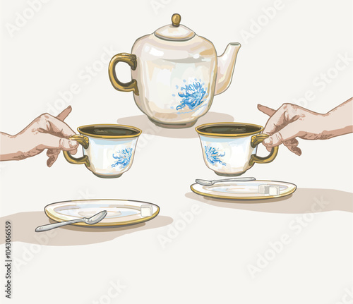 hand holding ceramic tea time coffee cup pinky finger up sugar british classical pottery tabeware illustration on white background