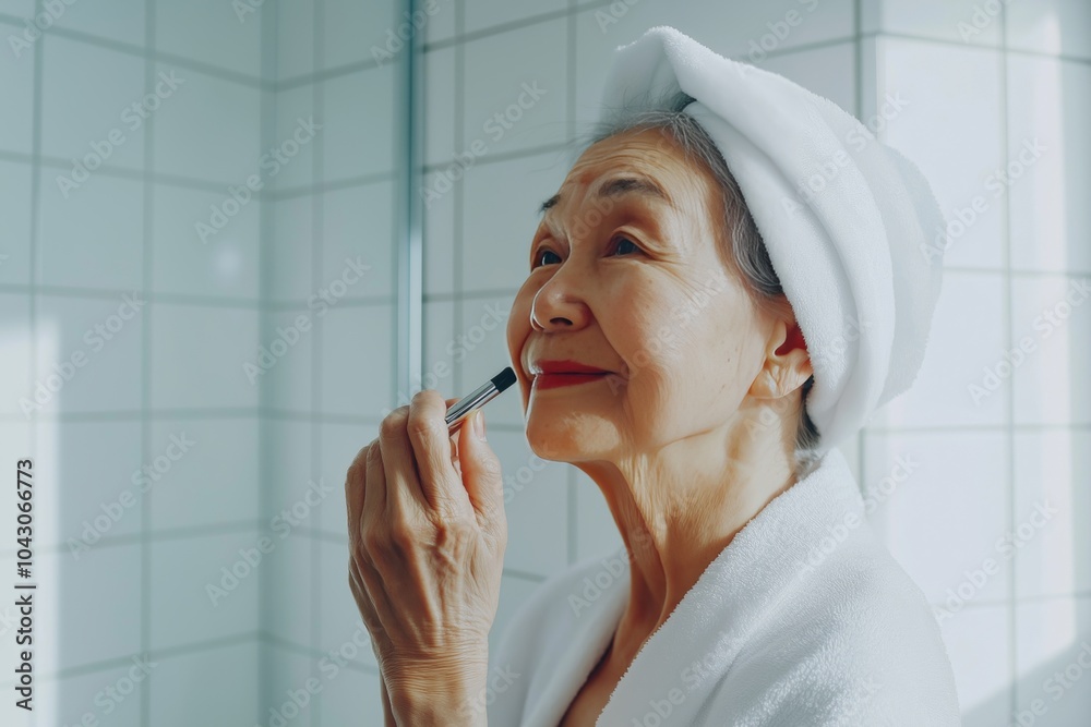 Minimalist stock image of asian elderly woman in towel applying makeup in bright bathroom setting Minimalist stock image of asian elderly woman in towel applying makeup in bright bathroom setting