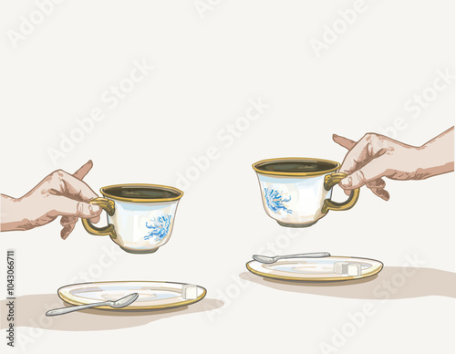 hand holding ceramic tea time coffee cup pinky finger up sugar british classical pottery tabeware illustration on white background