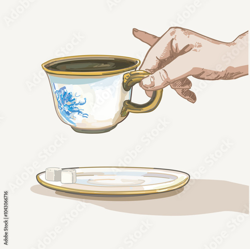 hand holding ceramic tea time coffee cup pinky finger up sugar british classical pottery tabeware illustration on white background