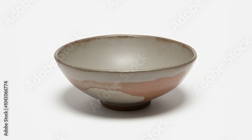 A small rustic pottery bowl with earthy tones and visible brush strokes, resting on a white background. photo