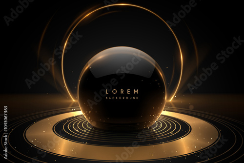 Black sphere with golden rings and sparks