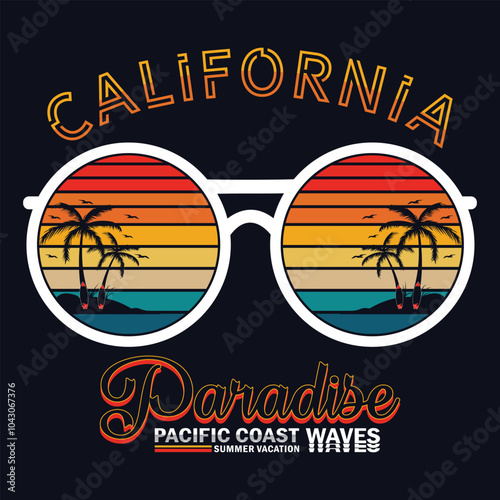 California paradise sunglasses with sunset reflection and Pacific coast waves, retro vacation style