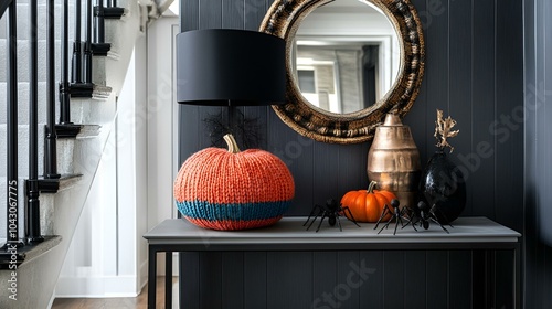 A rustic kitchen design with a Halloween pumpkin on the table and a wooden chair against the wall photo