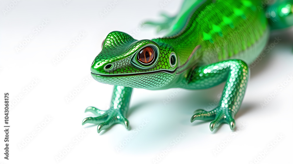 Fototapeta premium Lizard metallic 3D image of neon green lizard on white background. Generative AI