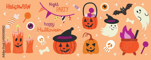 Halloween cute set of elements. Pumpkins, scary ghosts. Vector illustration in flat style