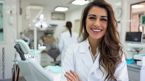 Happy young female dentist in dentist's office.